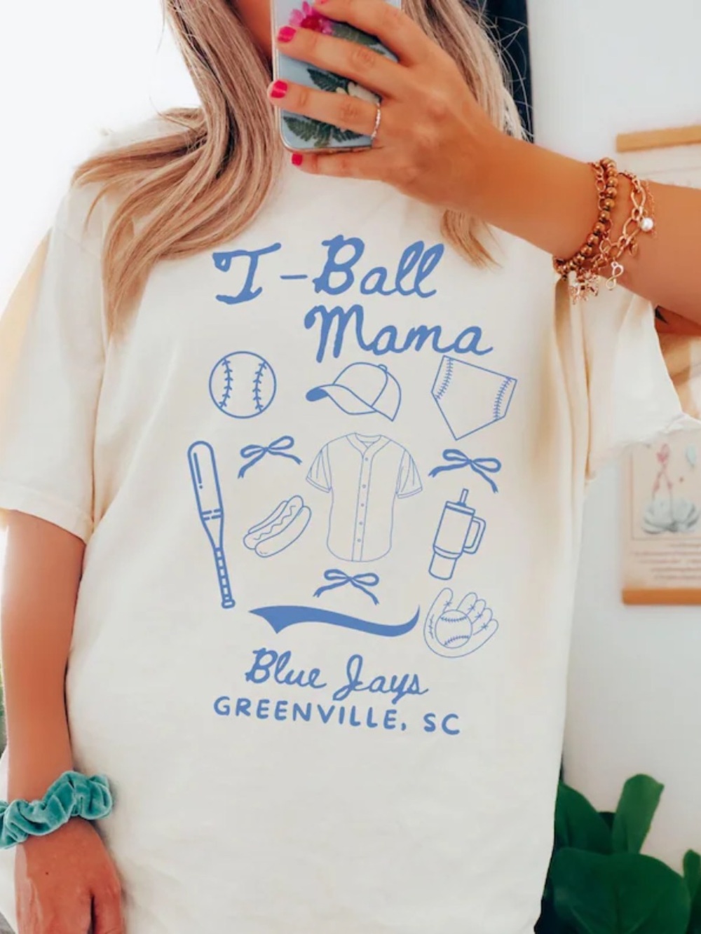 Off White Tee with Blue 'T-Ball Mama' Graphic